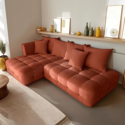 Canapé d'angle gauche convertible 3 places, tissu chenille terracotta - Léo