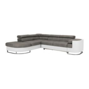 Canapé d'angle gauche convertible en simili blanc et tissu gris MYSEN II