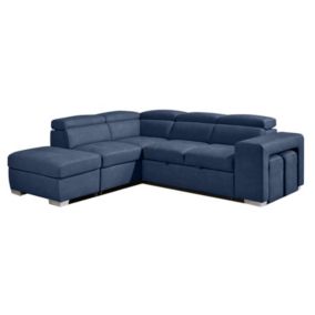 Canapé d'angle gauche convertible en tissu bleu avec 2 poufs - VEGAS