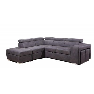 Canapé d'angle gauche convertible en tissu gris avec 2 poufs - VEGAS
