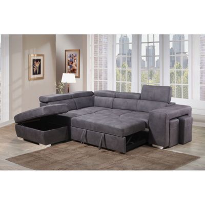 Canapé d'angle gauche convertible en tissu gris avec 2 poufs - VEGAS