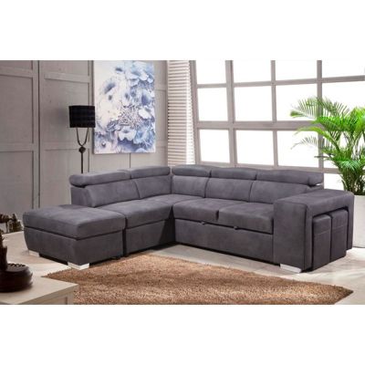 Canapé d'angle gauche convertible en tissu gris avec 2 poufs - VEGAS