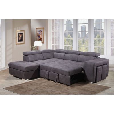 Canapé d'angle gauche convertible en tissu gris avec 2 poufs - VEGAS