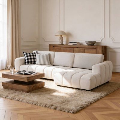 Canapé d'angle gauche en tissu beige Syrel