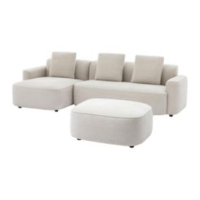 Canapé d'angle gauche et pouf en tissu texturé beige POMIANGO