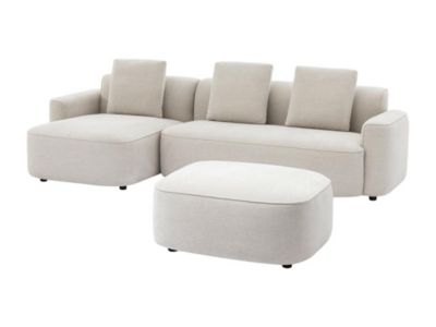 Canapé d'angle gauche et pouf en tissu texturé beige POMIANGO