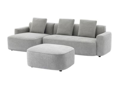 Canapé d'angle gauche et pouf en tissu texturé gris POMIANGO