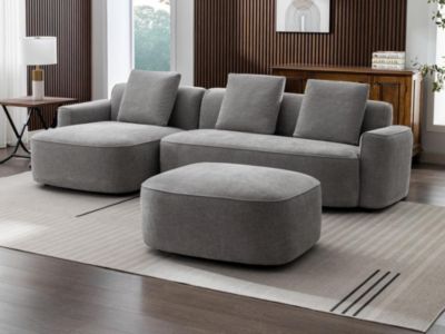 Canapé d'angle gauche et pouf en tissu texturé gris POMIANGO