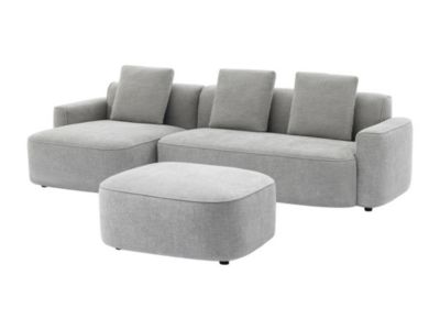 Canapé d'angle gauche et pouf en tissu texturé gris POMIANGO