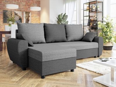 Canapé d'angle Memphis 123, Gris, Fonction de couchage, 242x139x83cm