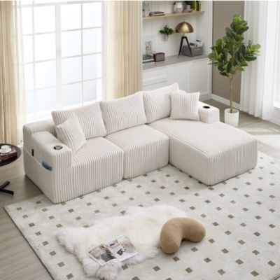 Canapé d'Angle Modulable 2 Places avec Méridienne, Velours Côtelé, Poches Latérales et Porte-Gobelet, Beige, 257x90-160x62 cm
