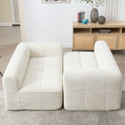 Canapé d'angle modulable 250x158x60 cm en chenille beige, sans montage, 3 coussins et poches latérales