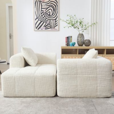 Canapé d'angle modulable 250x158x60 cm en chenille beige, sans montage, 3 coussins et poches latérales