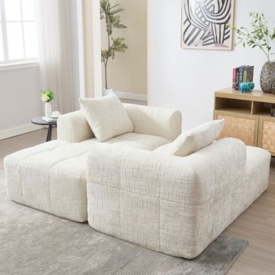 Canapé d'angle modulable 250x158x60 cm en chenille beige, sans montage, 3 coussins et poches latérales