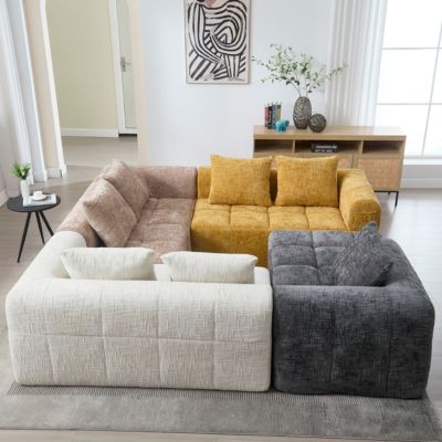 Canapé d'angle modulable 250x158x60 cm en chenille beige, sans montage, 3 coussins et poches latérales