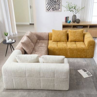 Canapé d'angle modulable 250x158x60 cm en chenille beige, sans montage, 3 coussins et poches latérales