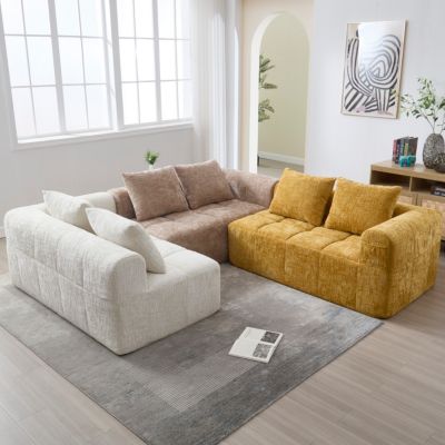 Canapé d'angle modulable 250x158x60 cm en chenille beige, sans montage, 3 coussins et poches latérales