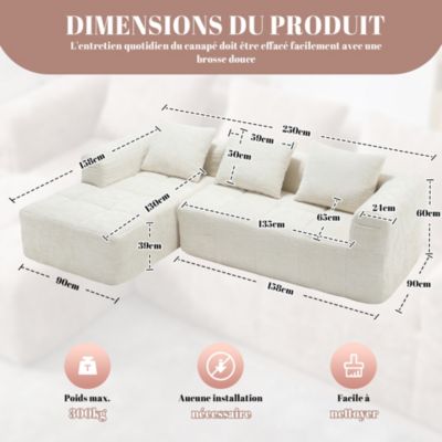 Canapé d'angle modulable 250x158x60 cm en chenille beige, sans montage, 3 coussins et poches latérales