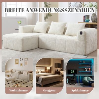 Canapé D'Angle Modulable 3 Places - avec Rangement Latéral Pour Télécommande - Style Moderne, Revêtement Chenille - Beige