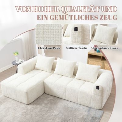 Canapé D'Angle Modulable 3 Places - avec Rangement Latéral Pour Télécommande - Style Moderne, Revêtement Chenille - Beige