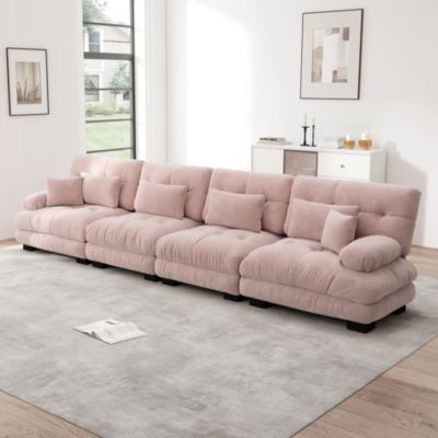 Canapé d'angle modulable 4 places en chenille rose, assise profonde, accoudoirs rembourrés et style vintage