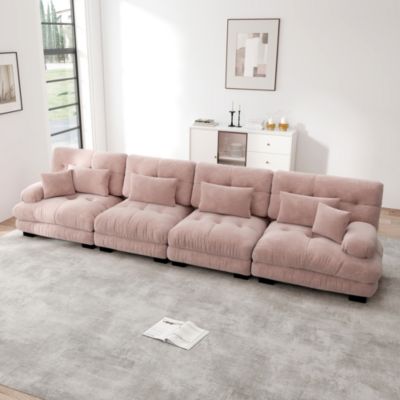 Canapé d'angle modulable 4 places en chenille rose, assise profonde, accoudoirs rembourrés et style vintage