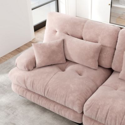 Canapé d'angle modulable 4 places en chenille rose, assise profonde, accoudoirs rembourrés et style vintage
