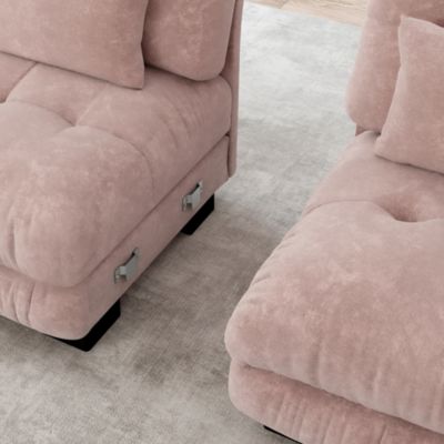 Canapé d'angle modulable 4 places en chenille rose, assise profonde, accoudoirs rembourrés et style vintage
