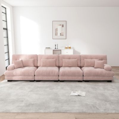 Canapé d'angle modulable 4 places en chenille rose, assise profonde, accoudoirs rembourrés et style vintage