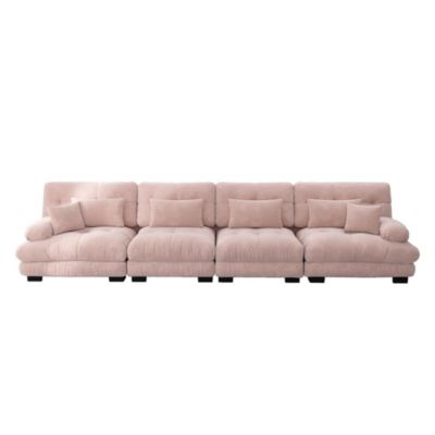 Canapé d'angle modulable 4 places en chenille rose, assise profonde, accoudoirs rembourrés et style vintage