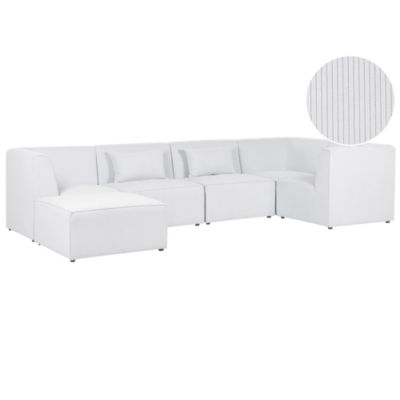 Canapé d'angle modulable 5 places LEMVIG Velours côtelé Blanc cassé avec ottoman Côté gauche