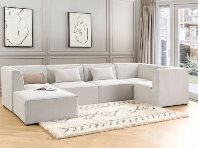 Canapé d'angle modulable 5 places LEMVIG Velours côtelé Blanc cassé avec ottoman Côté gauche