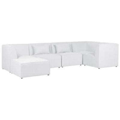 Canapé d'angle modulable 5 places LEMVIG Velours côtelé Blanc cassé avec ottoman Côté gauche