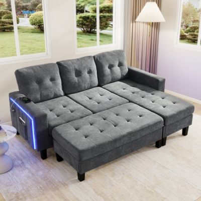 Canapé d'Angle Modulable - Canapé - Lit avec Méridienne et Ottoman Amovible, Éclairage LED, Chenille-Stoff Gris - 185x135x85 cm