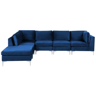 Canapé d'angle modulable EVJA Velours Bleu marine avec ottoman 5 places Côté droit