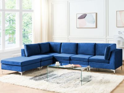 Canapé d'angle modulable EVJA Velours Bleu marine avec ottoman 5 places Côté droit