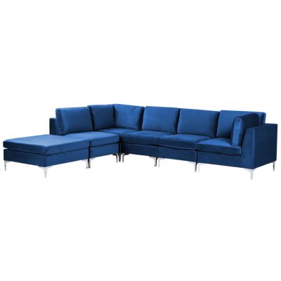 Canapé d'angle modulable EVJA Velours Bleu marine avec ottoman 5 places Côté droit