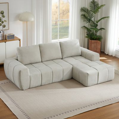 Canapé d'angle modulable pour 4 places, canapé compressif, tissu velours, design segmenté capitonné, sans montage, Beige-RHF
