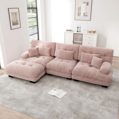Canapé d'angle modulaire en forme de L,rose chenille,velours côtelé,canapé-lit profond avec pouf
