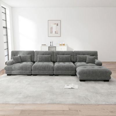 Canapé d'angle modulaire en L,4 places,chenille,gris,pouf amovible