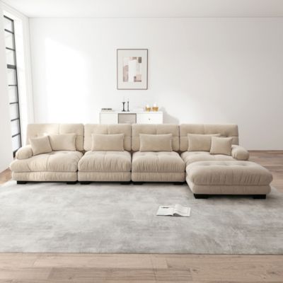 Canapé d'angle modulaire en L pour salon, 4 places, marron clair, chenille, pouf amovible, combinaison DIY