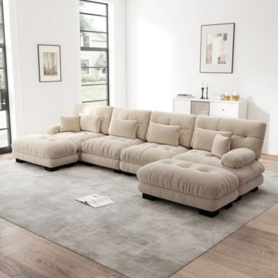 Canapé d'angle modulaire en U pour salon, 4 places, marron clair, chenille, pouf amovible