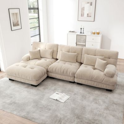 Canapé d'angle modulaire et lit,chenille marron clair,velours côtelé,forme de L et pouf