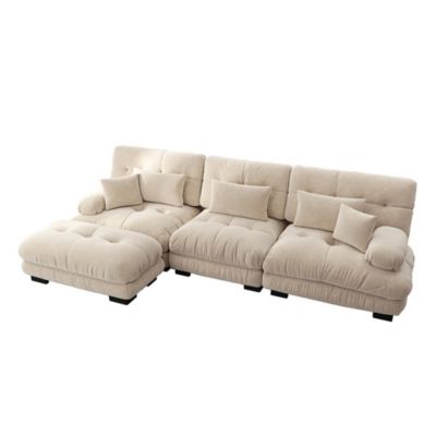 Canapé d'angle modulaire et lit,chenille marron clair,velours côtelé,forme de L et pouf