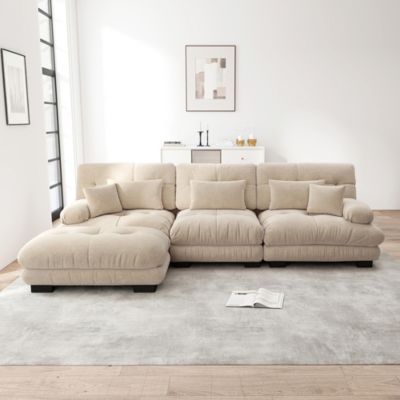 Canapé d'angle modulaire et lit,chenille marron clair,velours côtelé,forme de L et pouf