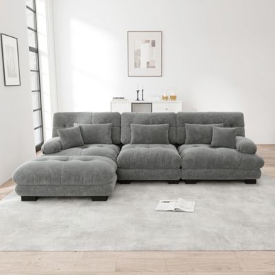 Canapé d'angle modulaire,lit profond avec pouf,velours côtelé,chenille gris