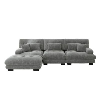 Canapé d'angle modulaire,lit profond avec pouf,velours côtelé,chenille gris