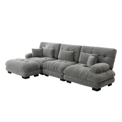 Canapé d'angle modulaire,lit profond avec pouf,velours côtelé,chenille gris