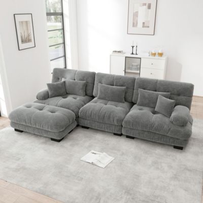 Canapé d'angle modulaire,lit profond avec pouf,velours côtelé,chenille gris