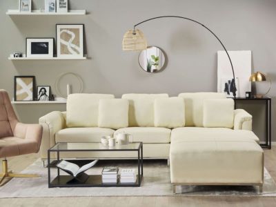 Canapé d'angle OSLO Cuir Crème avec ottoman 5 places Côté gauche